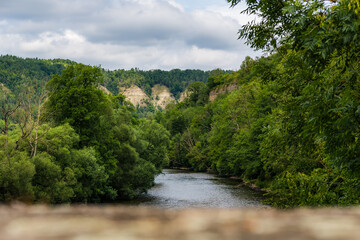View from Historic Bridge in Amt-Creuzburg over Werra River to Ebenauer K&ouml;pfe, Germany