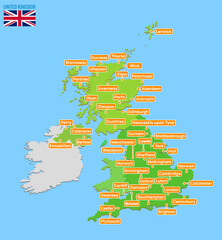 Colorful vector drawing illustration of a United Kingdom map with cities