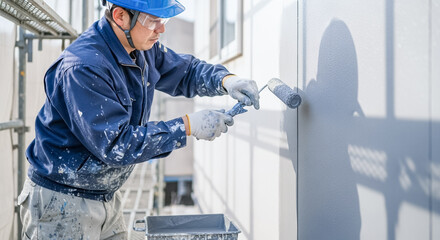 戸建住宅の外壁を塗装する作業員