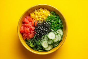 Vegan Poke Bowl Ingredients Floating in Yellow Bowl
