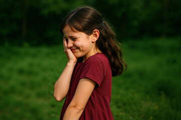 Fototapeta premium Laughing young girl turns away with embarrassment, touching her face on green blurred background