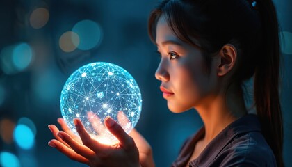 Young woman holds glowing digital sphere made of network connections and icons. Future tech concept, virtual reality, AI innovation. Global data network.