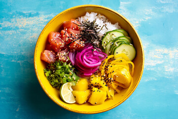 Vegan Poke Bowl Ingredients Floating in Yellow Bowl
