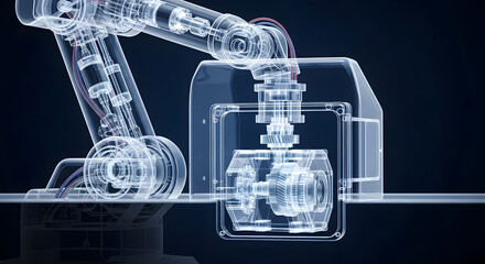 Wireframe blueprint of robotic arm in automated manufacturing, symbolizing industrial technology and engineering innovation
