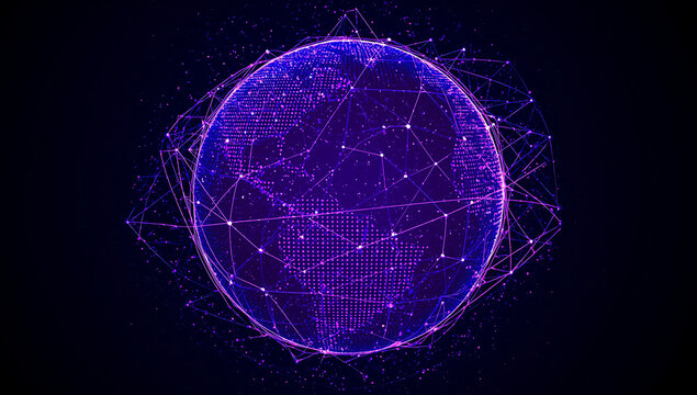 Illuminated Purple Digital Earth with Global Network Connections and Geometric Overlay technology