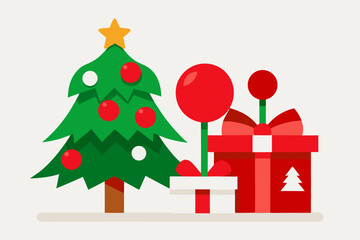Christmas tree and gifts with red ballons on transparent background