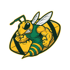 Cartoon muscular wasp mascot with angry expression and clenched fists.