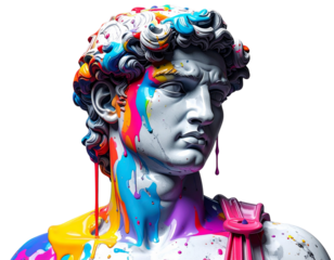 Isolated Classical Statue Head with Vibrant Paint Drips PNG — Creative Art and Modern Design