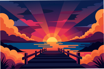 Sunset view from a wooden pier on the sea on transparent background