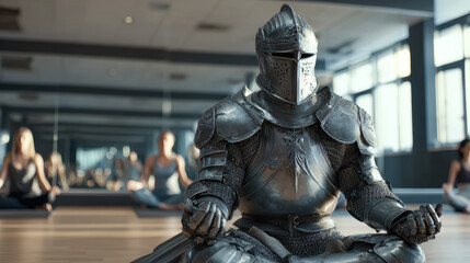 A medieval knight in full plate armor practicing yoga in a modern studio with other people