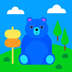Illustration of a blue bear in a landscape on transparent background