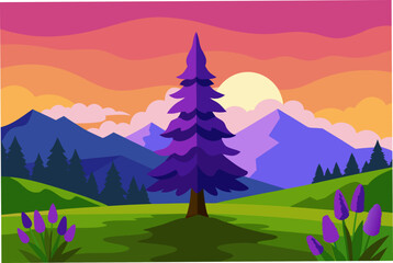 Purple tree landscape with sunset and hills on transparent background