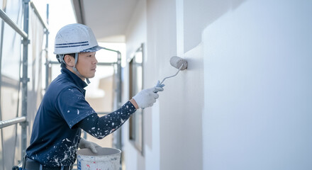 戸建住宅の外壁を塗装する作業員