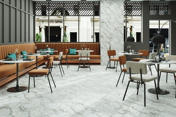 Classy restaurant design featuring tiled floor and art wall pieces. 3D Illustrations. 3D Rendering. Mockup
