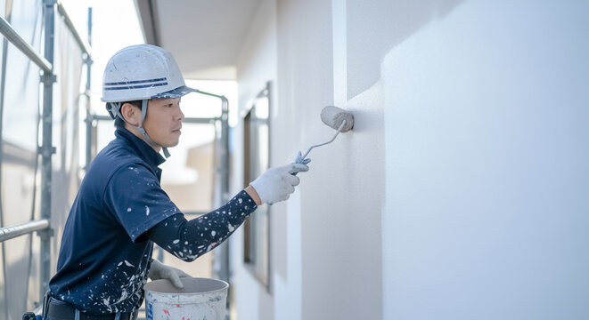 戸建住宅の外壁を塗装する作業員