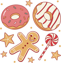 Cute Holiday Dessert Set Featuring Donuts, Gingerbread, and Candy Cane Vector