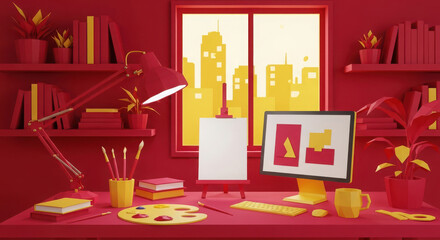 Creative art studio workspace with computer painting palette and window view