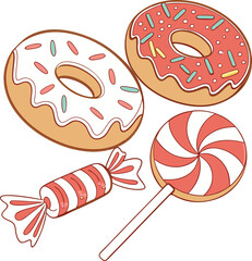 Cute Holiday Dessert Set Featuring Donuts, Gingerbread, and Candy Cane Vector