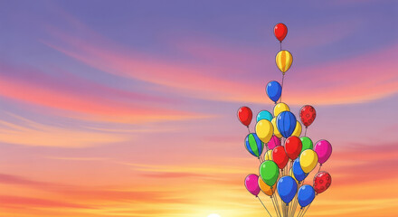Colorful balloons ascending into sunset sky celebration joyful atmosphere event festive ambiance party gathering