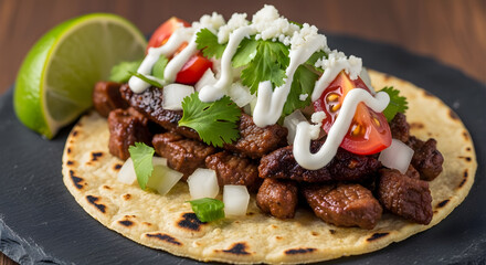 Authentic Mexican Street Taco with Grilled Meat, Fresh Toppings, Crema, and Lime
