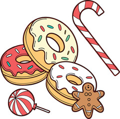 Cute Holiday Dessert Set Featuring Donuts, Gingerbread, and Candy Cane Vector