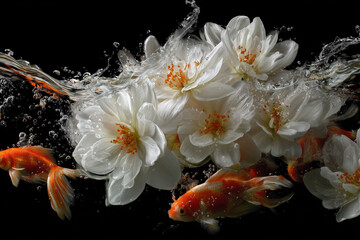 White Flowers and Goldfish in Water Splash