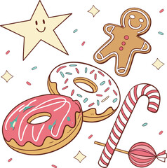 Cute Holiday Dessert Set Featuring Donuts, Gingerbread, and Candy Cane Vector