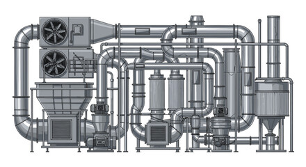 A detailed monochrome illustration of a complex industrial processing plant, showcasing an intricate network of pipes, machinery, and ventilation systems