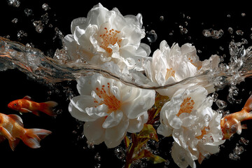 White Flowers and Goldfish in Water Splash