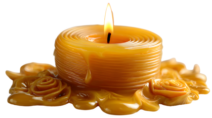 Elegant spiral beeswax candle with melted wax drips forming abstract floral patterns around the base, gentle golden flame casting soft reflections, isolated on white background