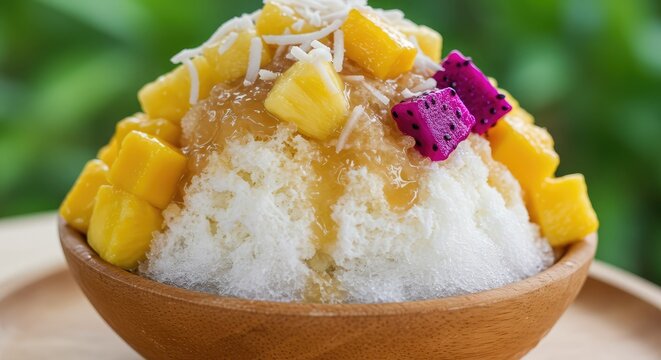 Exotic shaved ice dessert with mango, pineapple, and dragon fruit promises a refreshing tropical treat for a hot summer day, appealing to foodies everywhere