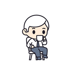 Cute cartoon businessman sitting on a chair drinking coffee.