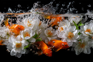 White Flowers and Goldfish in Water Splash