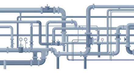 Vector illustration of an intricate industrial plumbing system, a complex network of interconnected pipes, valves, and gauges representing factory infrastructure