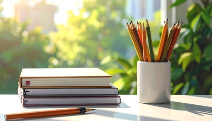 Study Supplies on Desk, Sunlight, Focus.