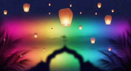 Colorful lanterns floating sky at night with silhouetted archway and vibrant lights