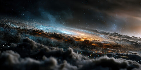 A breathtaking, dark space vista: a luminous spiral galaxy shines above dramatic, brooding clouds. created by ai