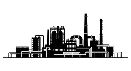 Silhouette of a large industrial factory complex with smokestacks, tanks, and pipes for manufacturing and production