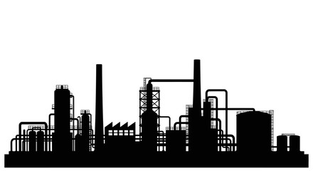 Fototapeta premium Industrial factory or oil refinery plant complex silhouette. Vector illustration of heavy industry manufacturing and production facilities