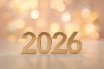 Golden numbers forming 2026 stand on a pastel-toned surface with warm bokeh lights and soft reflections creating an elegant and luminous celebratory composition