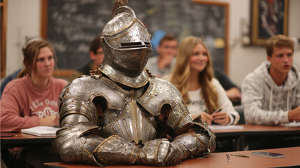 A medieval knight in full plate armor attending a modern classroom, sitting at a desk with students