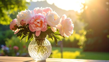 Beautiful Peonies in a Vase, Sunny Garden Setting.