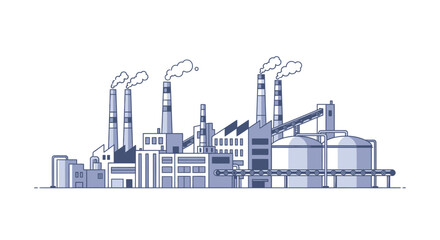 Stylized illustration of a modern industrial factory complex with smokestacks and silos isolated on a white background