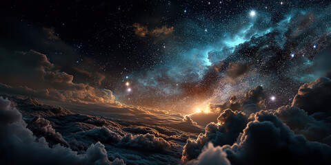 A breathtaking, dark space vista: a luminous spiral galaxy shines above dramatic, brooding clouds. created by ai