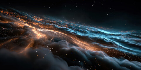 A breathtaking, dark space vista: a luminous spiral galaxy shines above dramatic, brooding clouds. created by ai