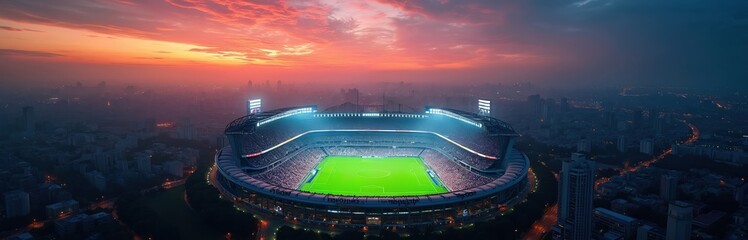 Soccer stadium packed with fans glows under dramatic twilight sky. City lights spread out across urban sprawl as night falls. Bright green field waits for game action. Modern sports arena.