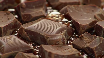 Close-up of rich chocolate pieces melting in a glossy pool, evoking indulgence and culinary delight