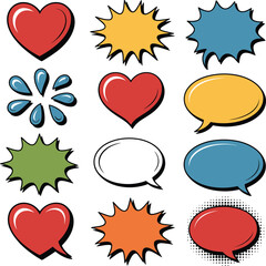 Comic speech bubbles and hearts in pop art style for creative projects