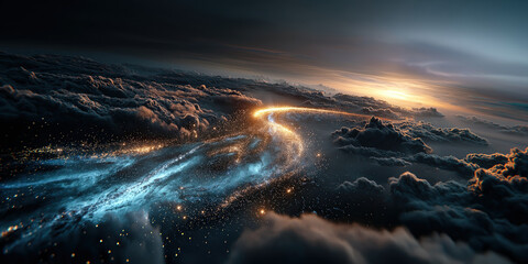 A breathtaking, dark space vista: a luminous spiral galaxy shines above dramatic, brooding clouds. created by ai
