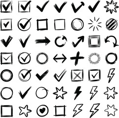 Hand drawn checkmarks stars circles arrows and symbols set doodle elements for design projects